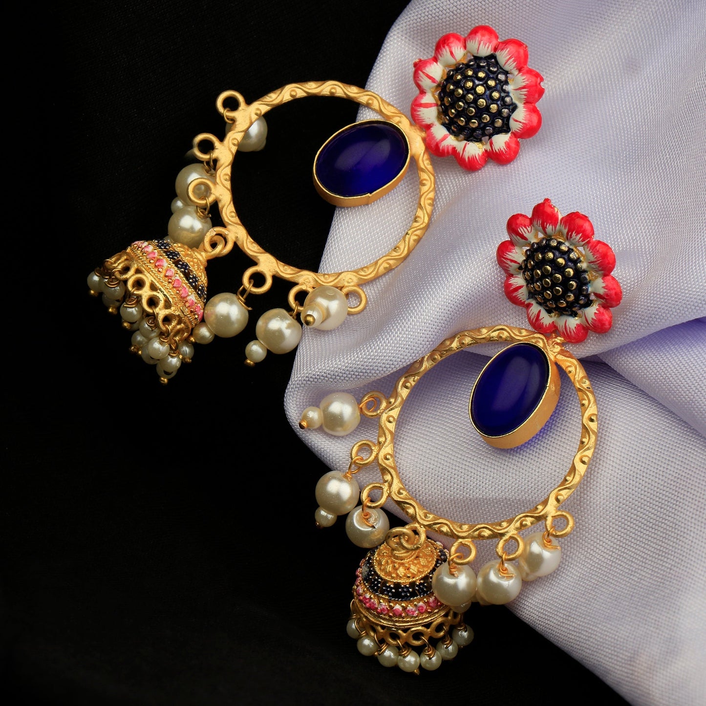 Laila- Stone Studded Hnaging Pearl Jhumki Earrings(Blue)