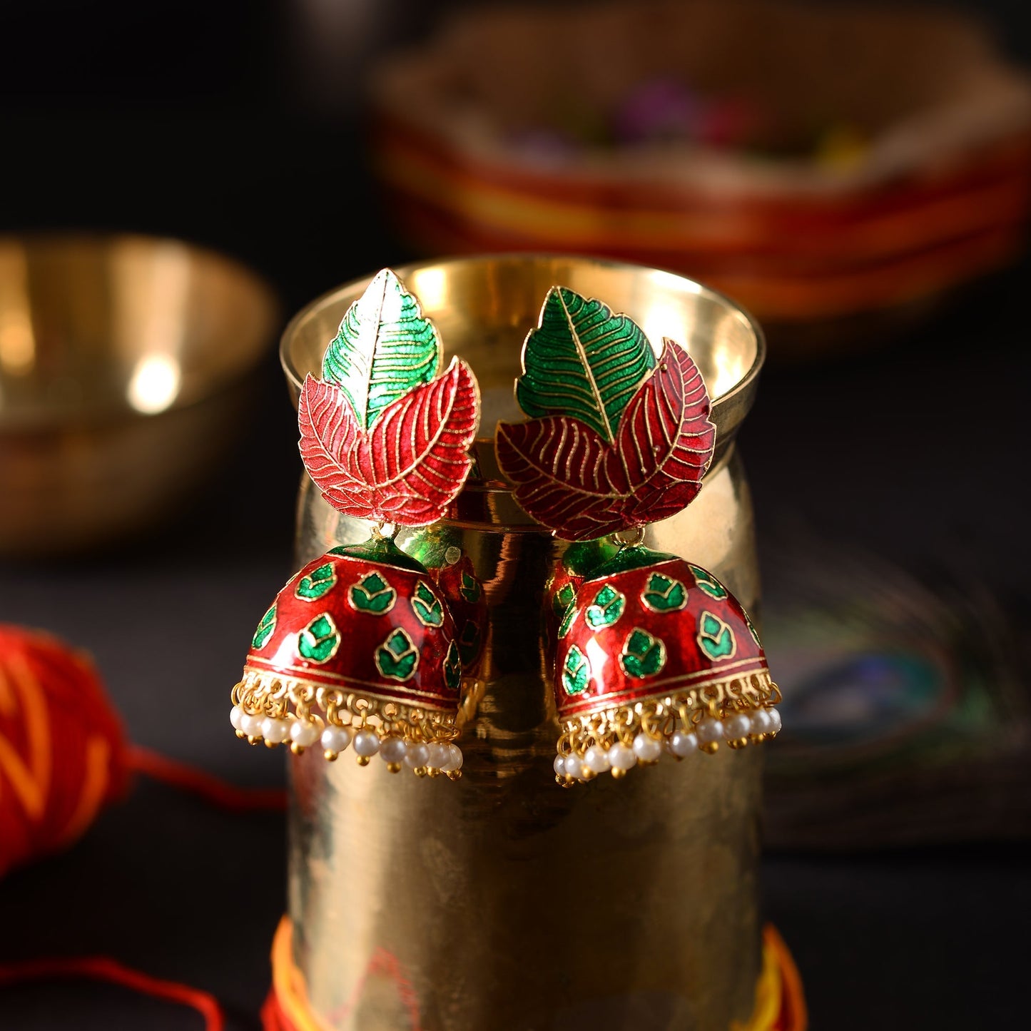 Riva- Hanging Pearls Enameled Jhumka Earrings(Multicolored)