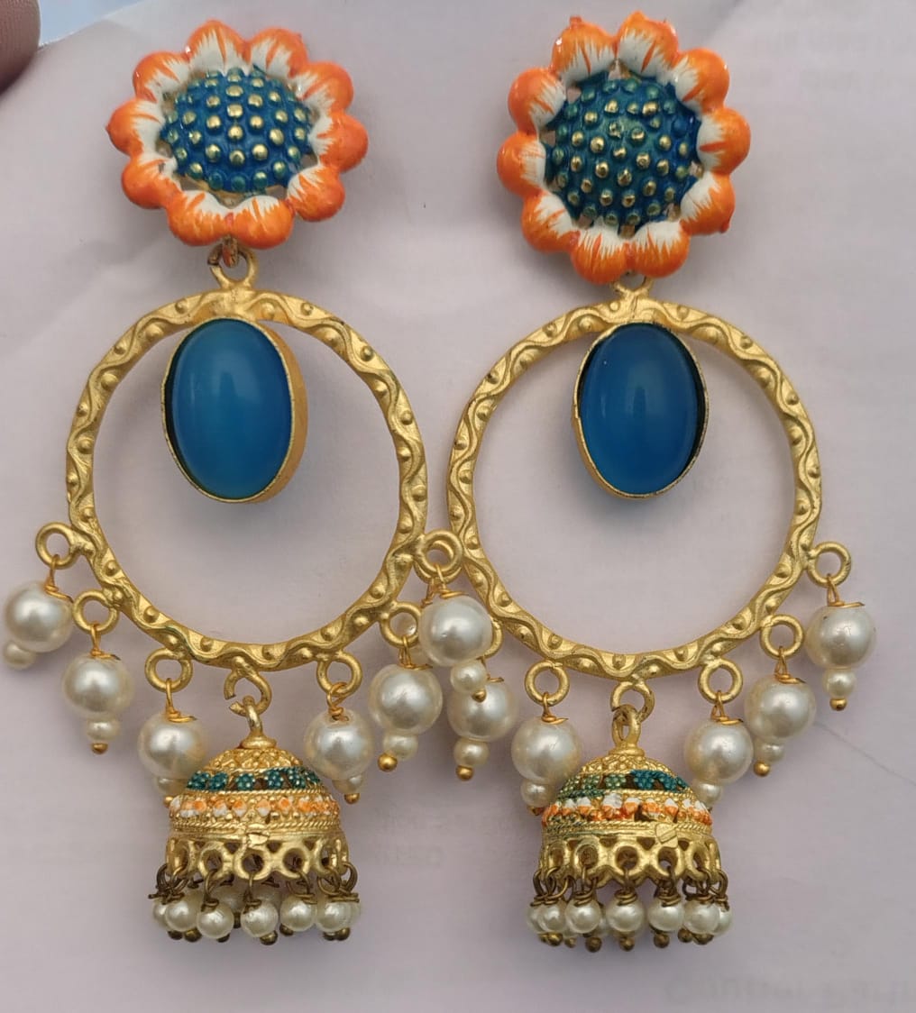 Laila- Stone Studded Hnaging Pearl Jhumki Earrings(Sky Blue)