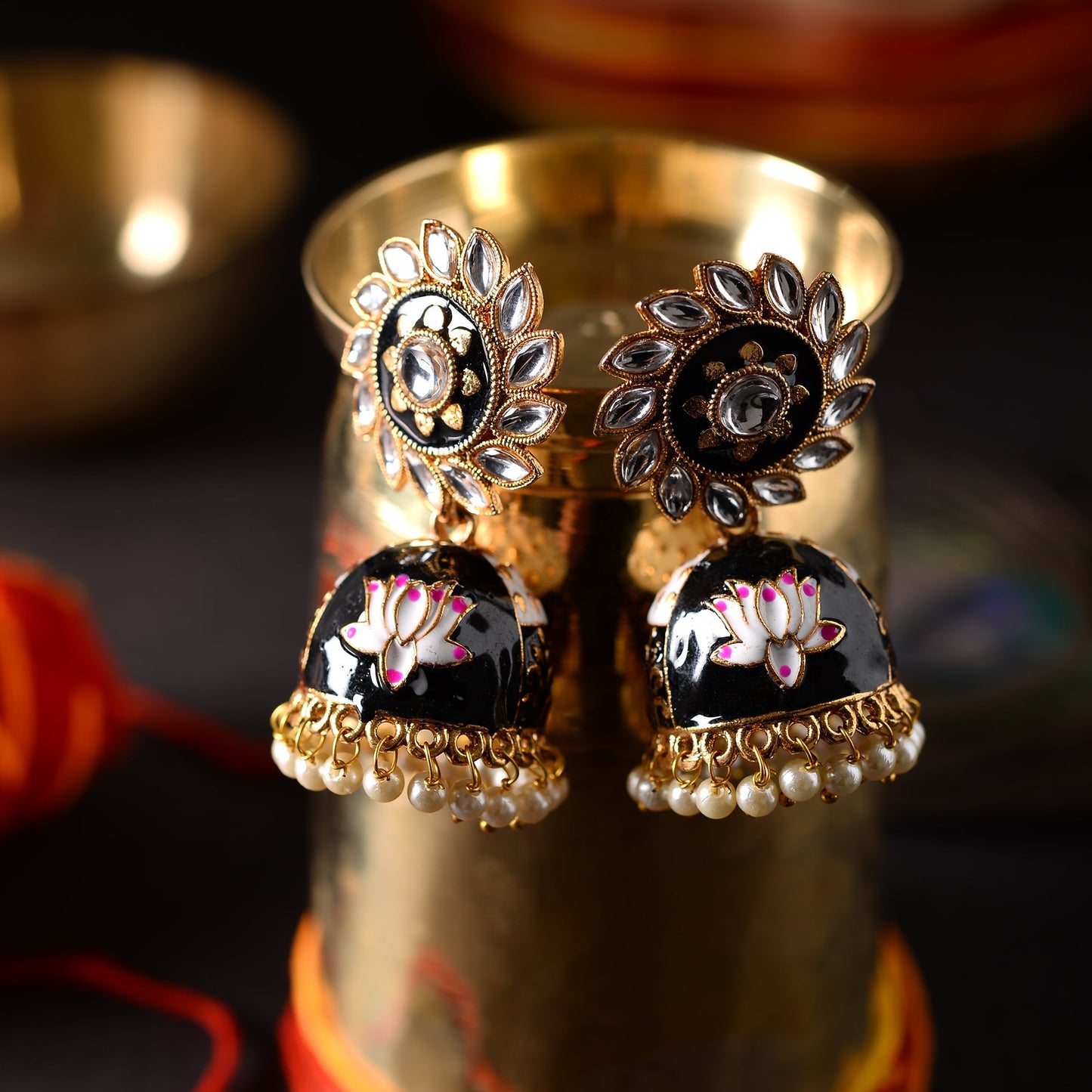 Avni- Stone Studded Hanging Pearls Jhumka Earrings