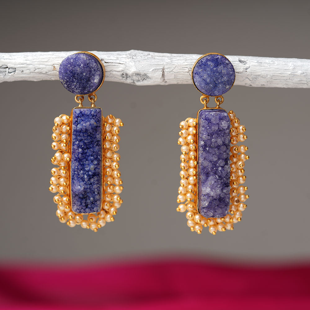 Tarini- Unpolished Stone Embellished With Mini Pearls(Blue)