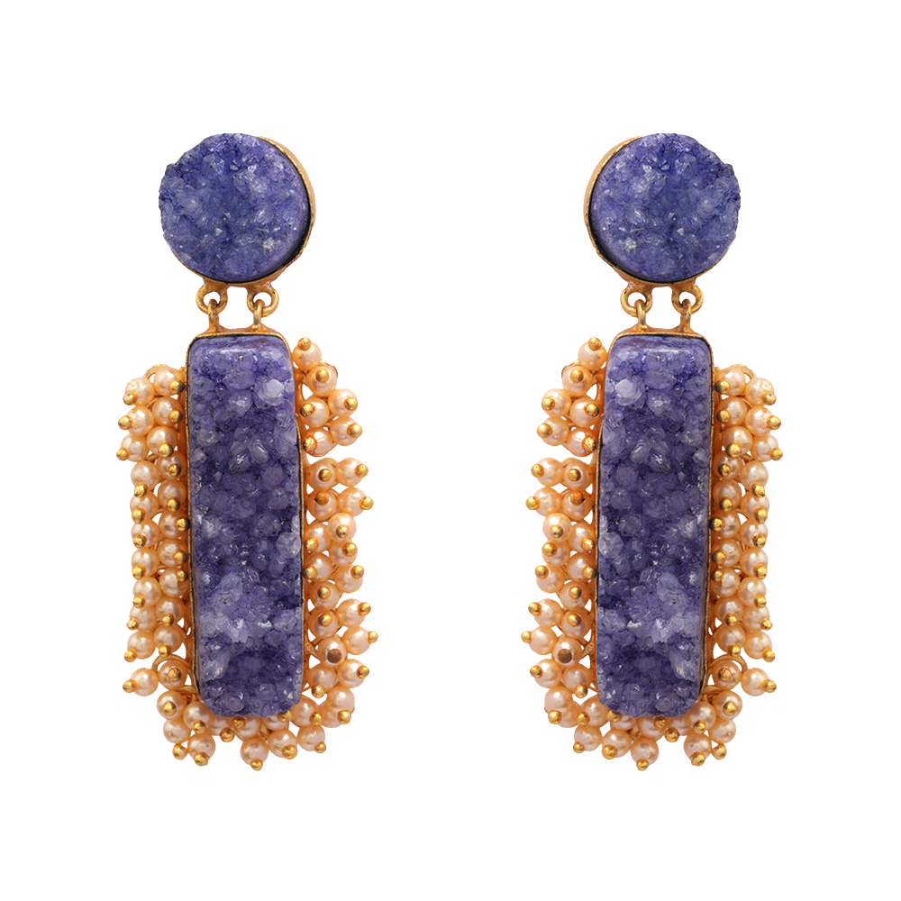 Tarini- Unpolished Stone Embellished With Mini Pearls(Blue)
