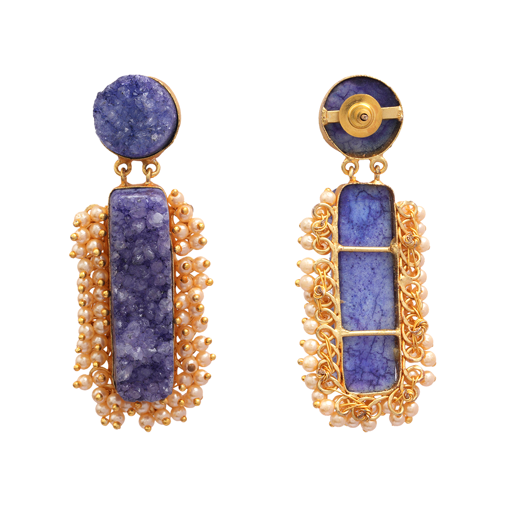 Tarini- Unpolished Stone Embellished With Mini Pearls(Blue)