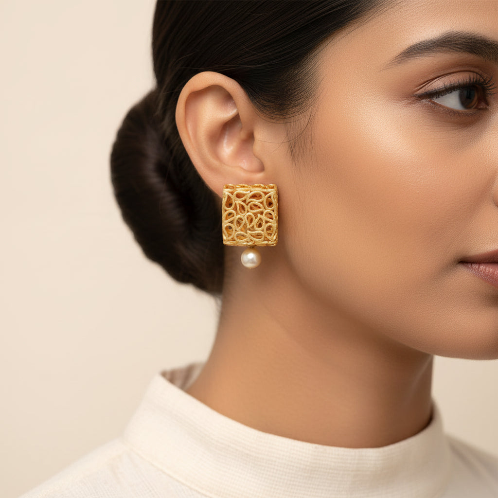 Mira- Hanging Pearl Boxy Stud Earrings.