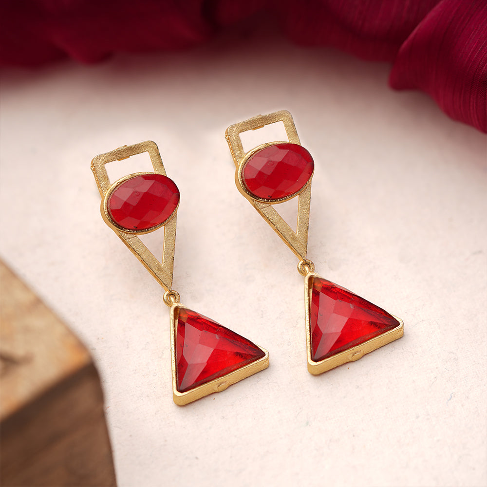 Anaya- Stone Studded Framed Dangler Earrings(Red)
