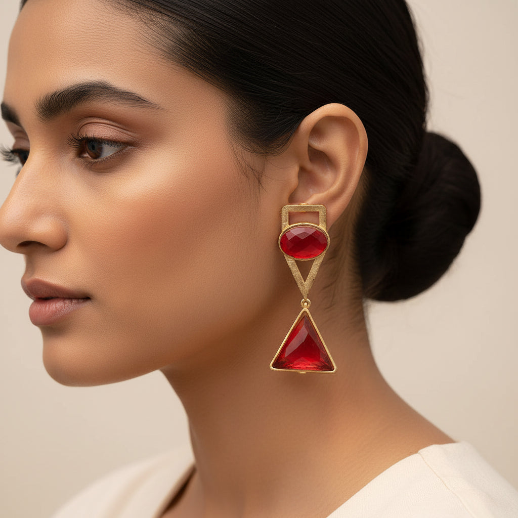 Anaya- Stone Studded Framed Dangler Earrings(Red)