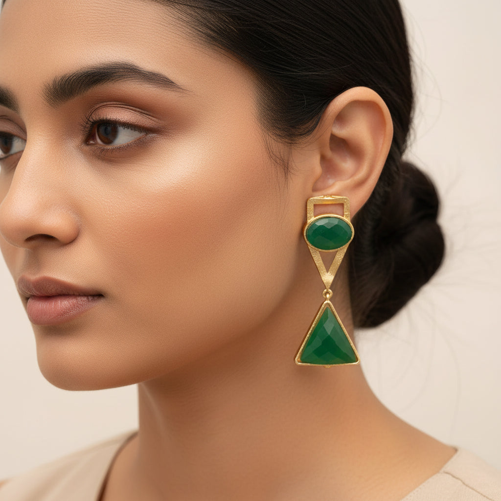Anaya- Stone Studded Framed Dangler Earrings(Green)