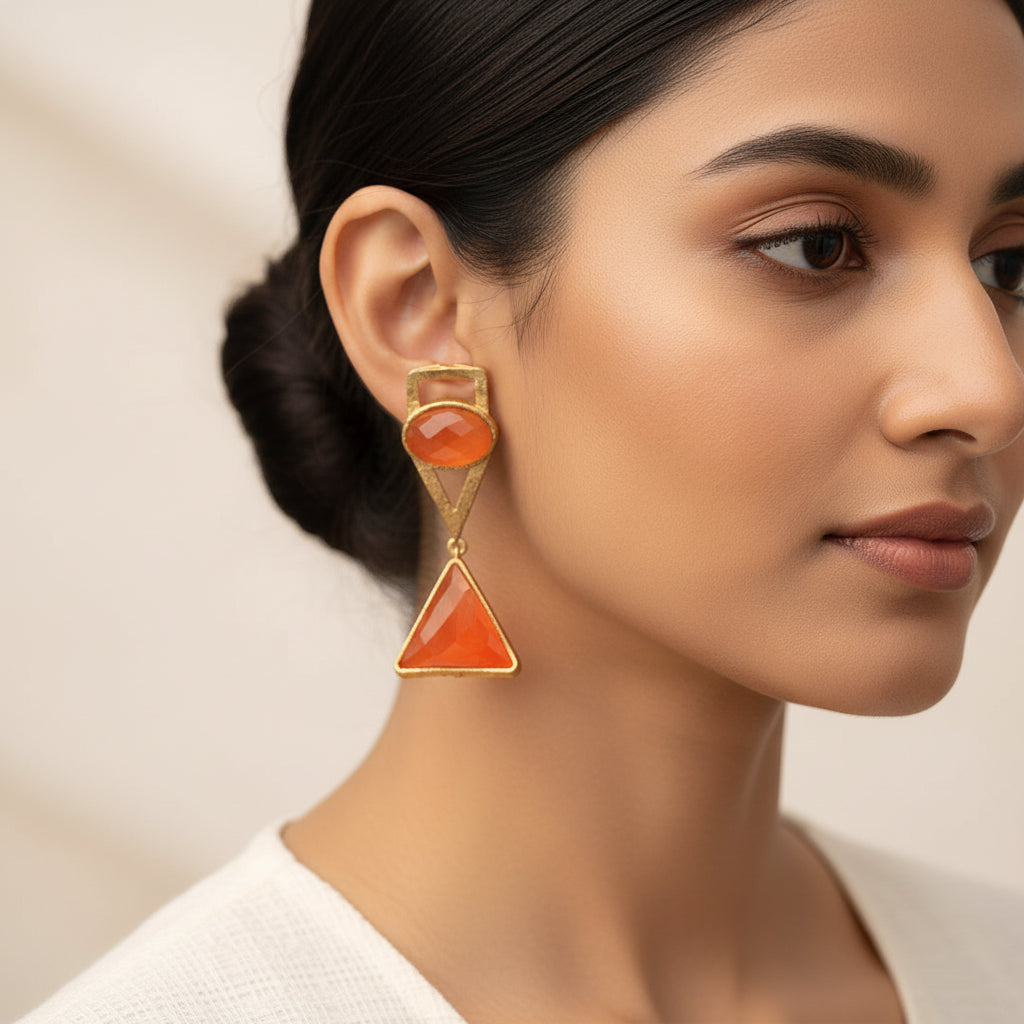 Anaya- Stone Studded Framed Dangler Earrings(Peach Puff)