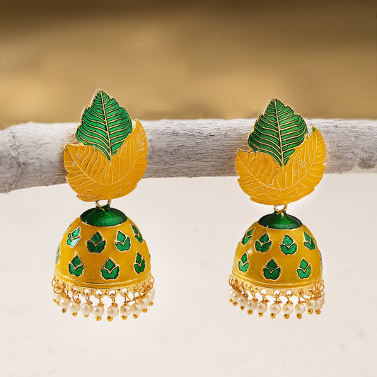 Riva- Hanging Pearls Enameled Jhumka Earrings(Multicolored)