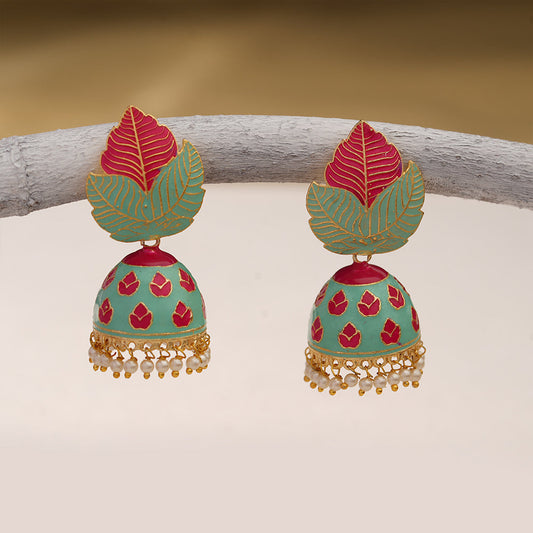 Riva- Hanging Pearls Enameled Jhumka Earrings(Multicolored)