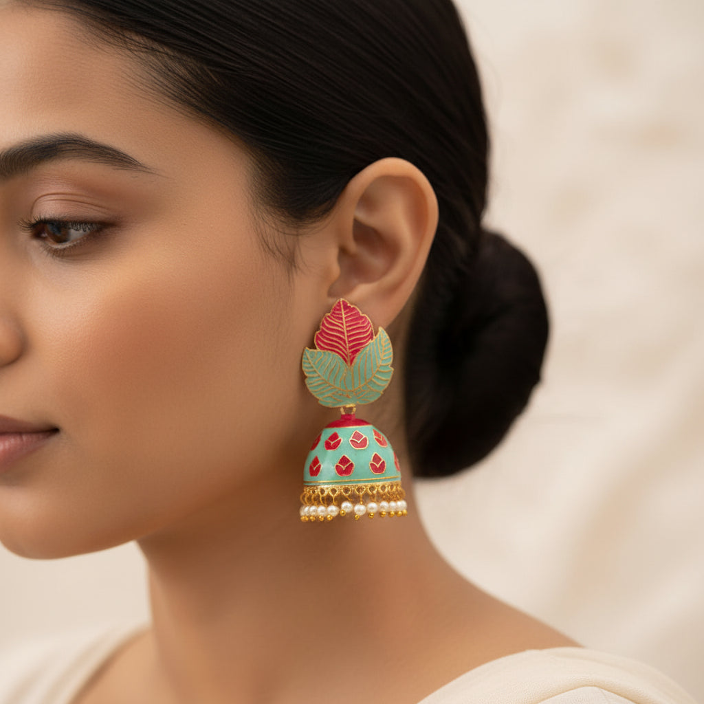 Riva- Hanging Pearls Enameled Jhumka Earrings(Multicolored)