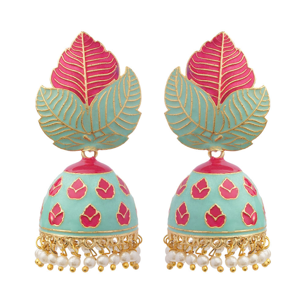 Riva- Hanging Pearls Enameled Jhumka Earrings(Multicolored)