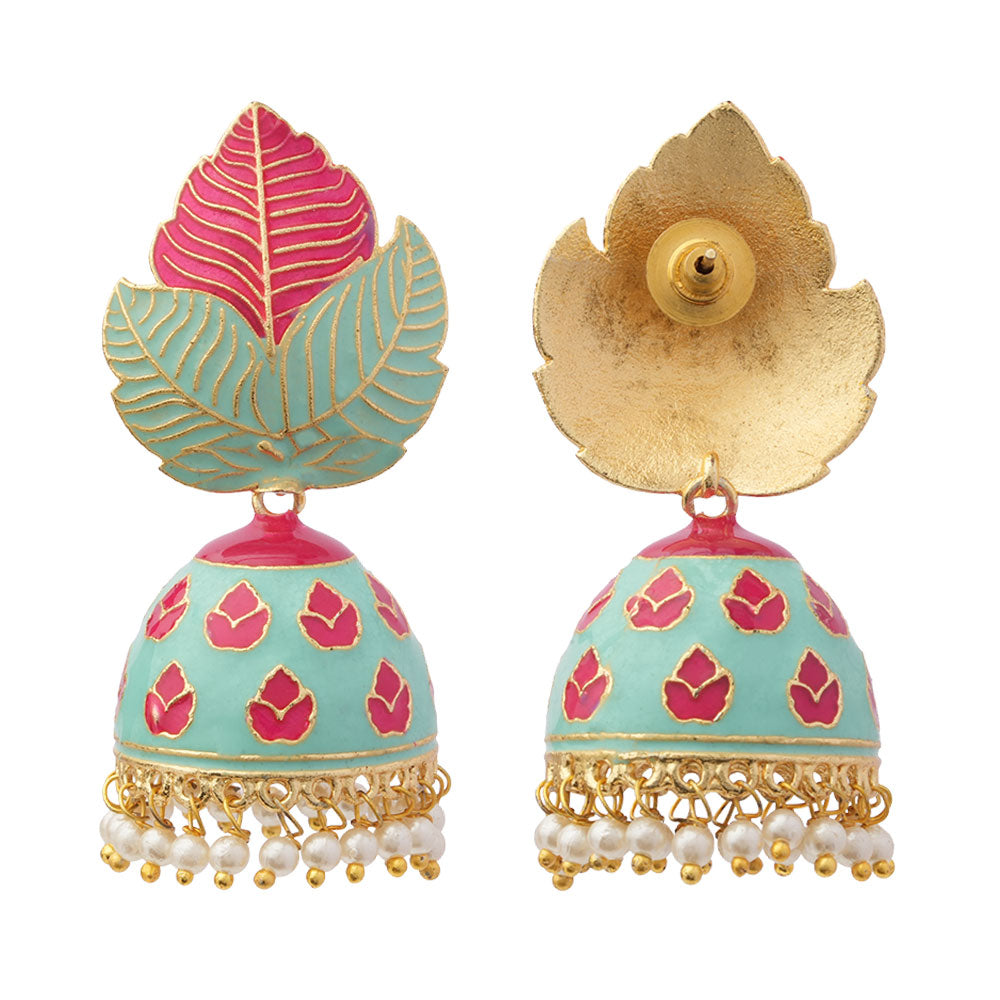 Riva- Hanging Pearls Enameled Jhumka Earrings(Multicolored)