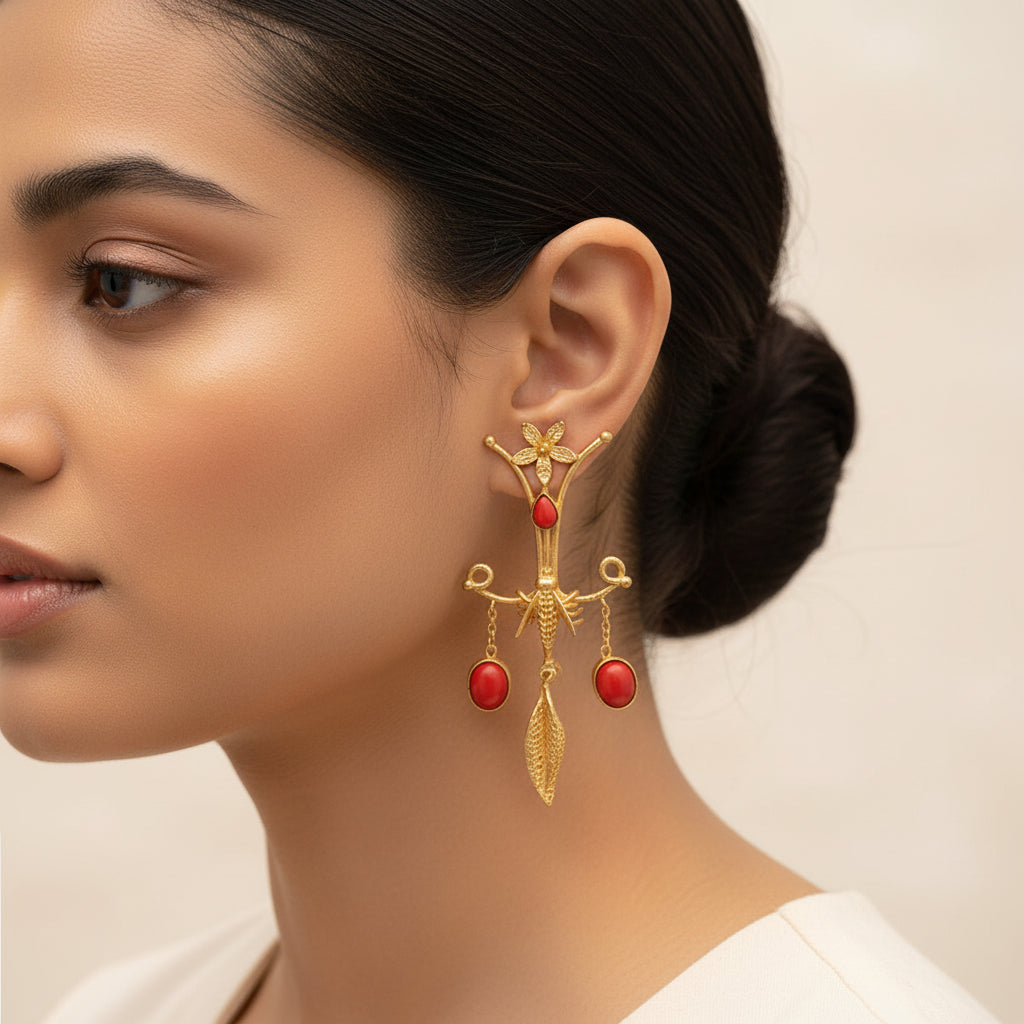 Arya- Stone Studded Dangler Earrings(Red)