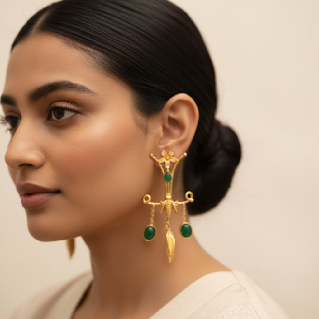 Arya- Stone Studded Dangler Earrings(Green)