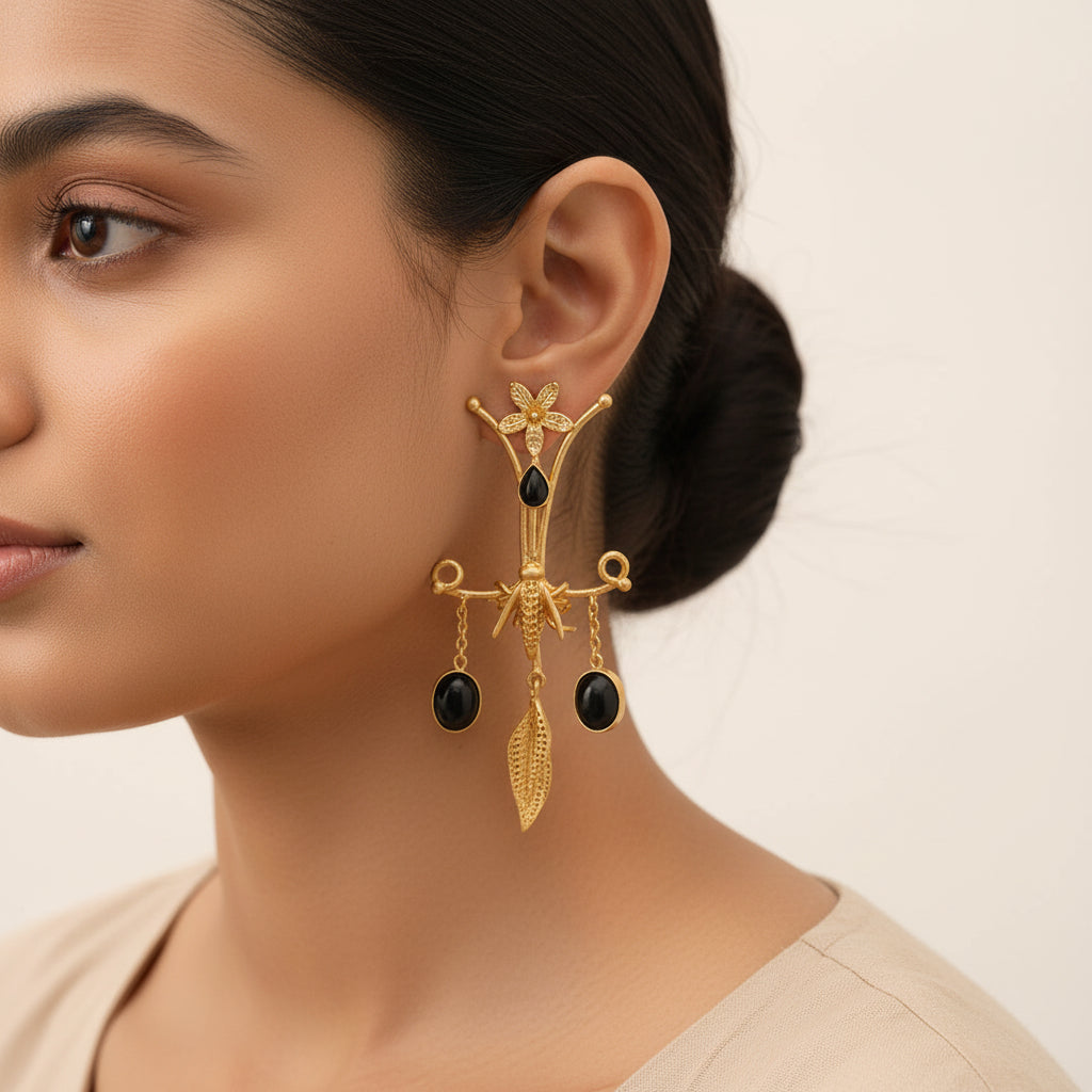 Arya- Stone Studded Dangler Earrings(Black)