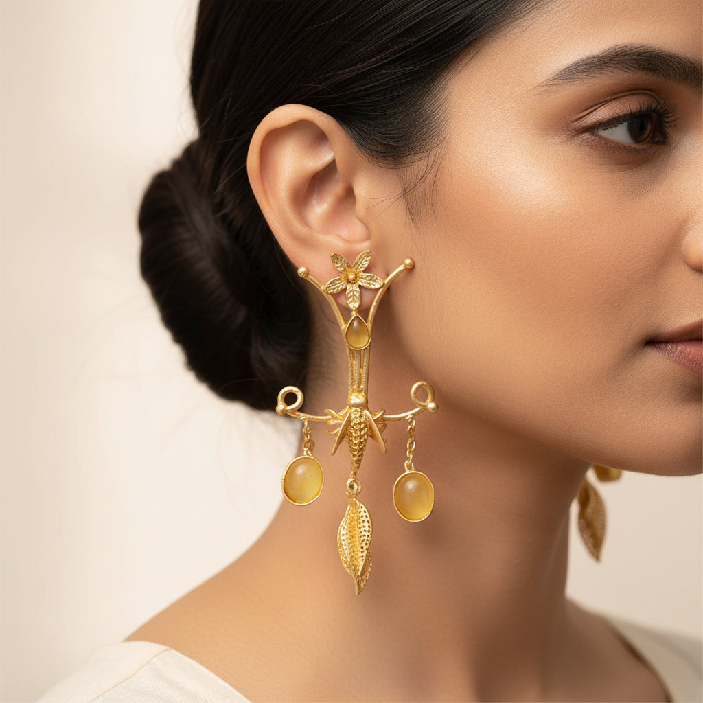 Arya- Stone Studded Dangler Earrings(Yellow)