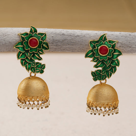 Niva- Hanging Pearl Jhumka Earrings(Green)