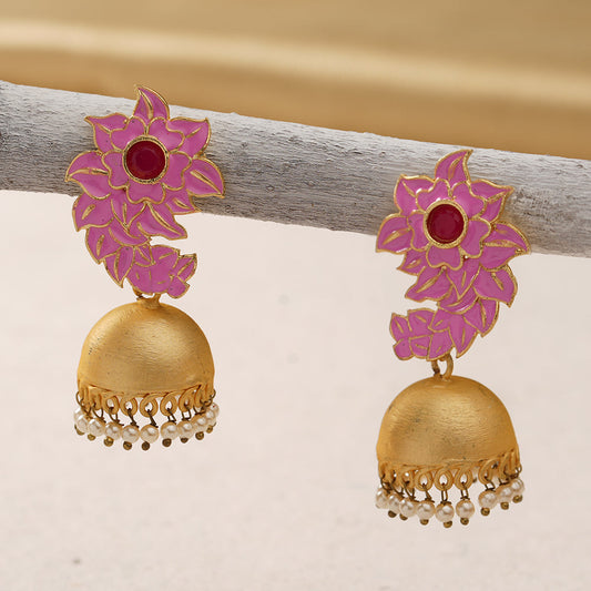 Niva- Hanging Pearl Jhumka Earrings(Pink)