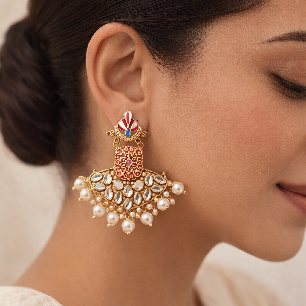 Tara- Stone Studded Hanginh Pearl Dangler earrings(Red)