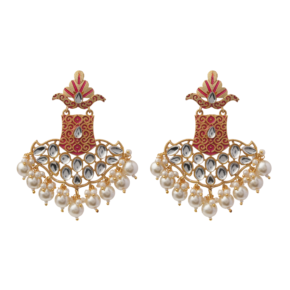 Tara- Stone Studded Hanginh Pearl Dangler earrings(Red)