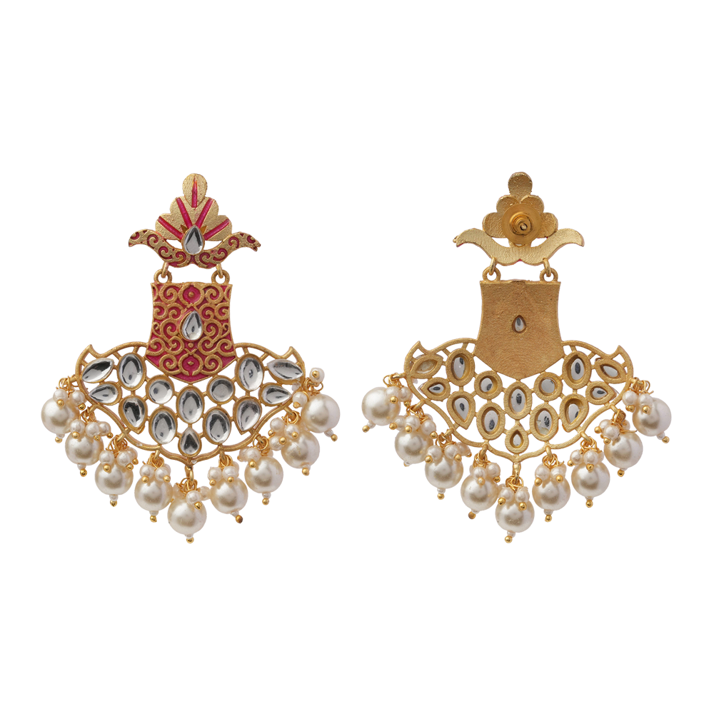 Tara- Stone Studded Hanginh Pearl Dangler earrings(Red)