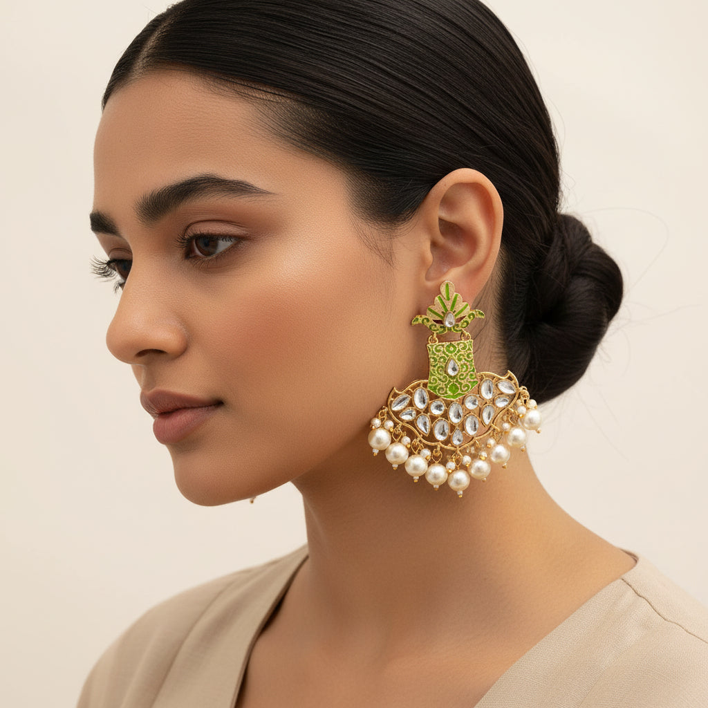 Tara – Stone-Studded Hanging Pearl Dangler Earrings (Green)