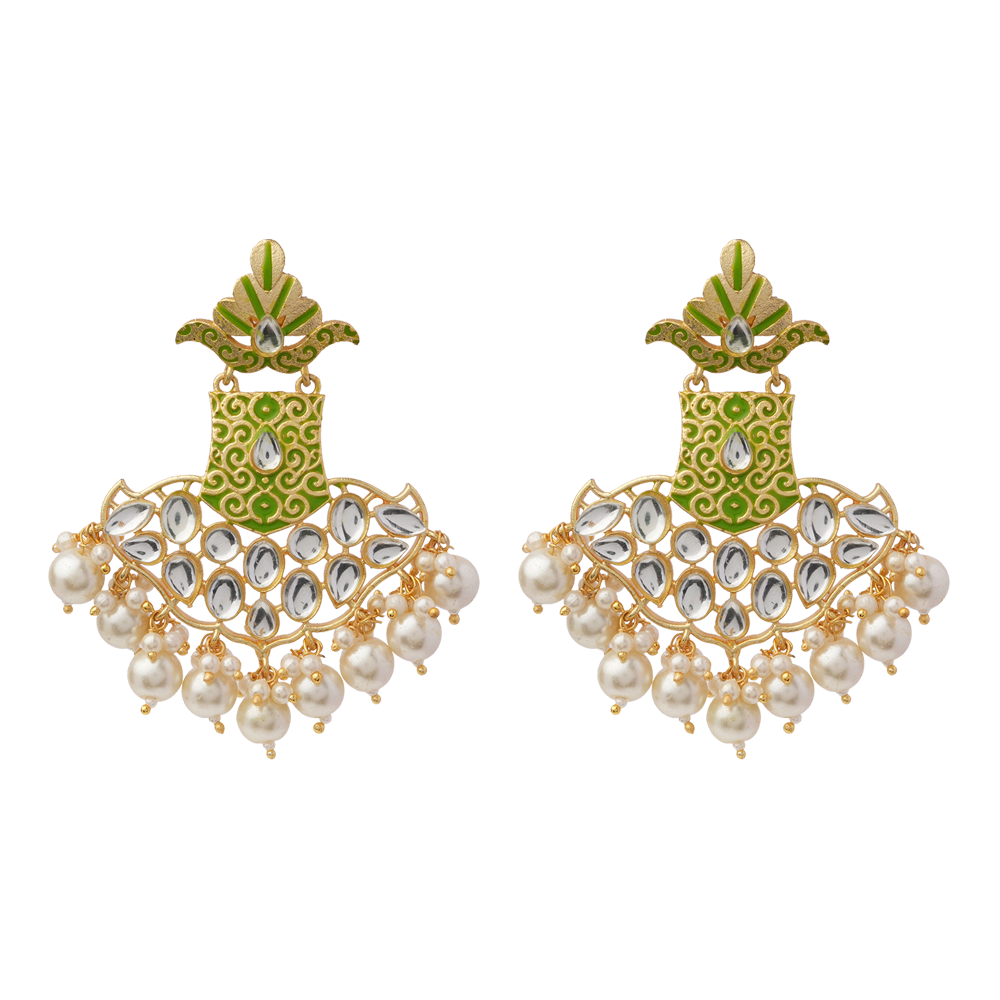 Tara – Stone-Studded Hanging Pearl Dangler Earrings (Green)