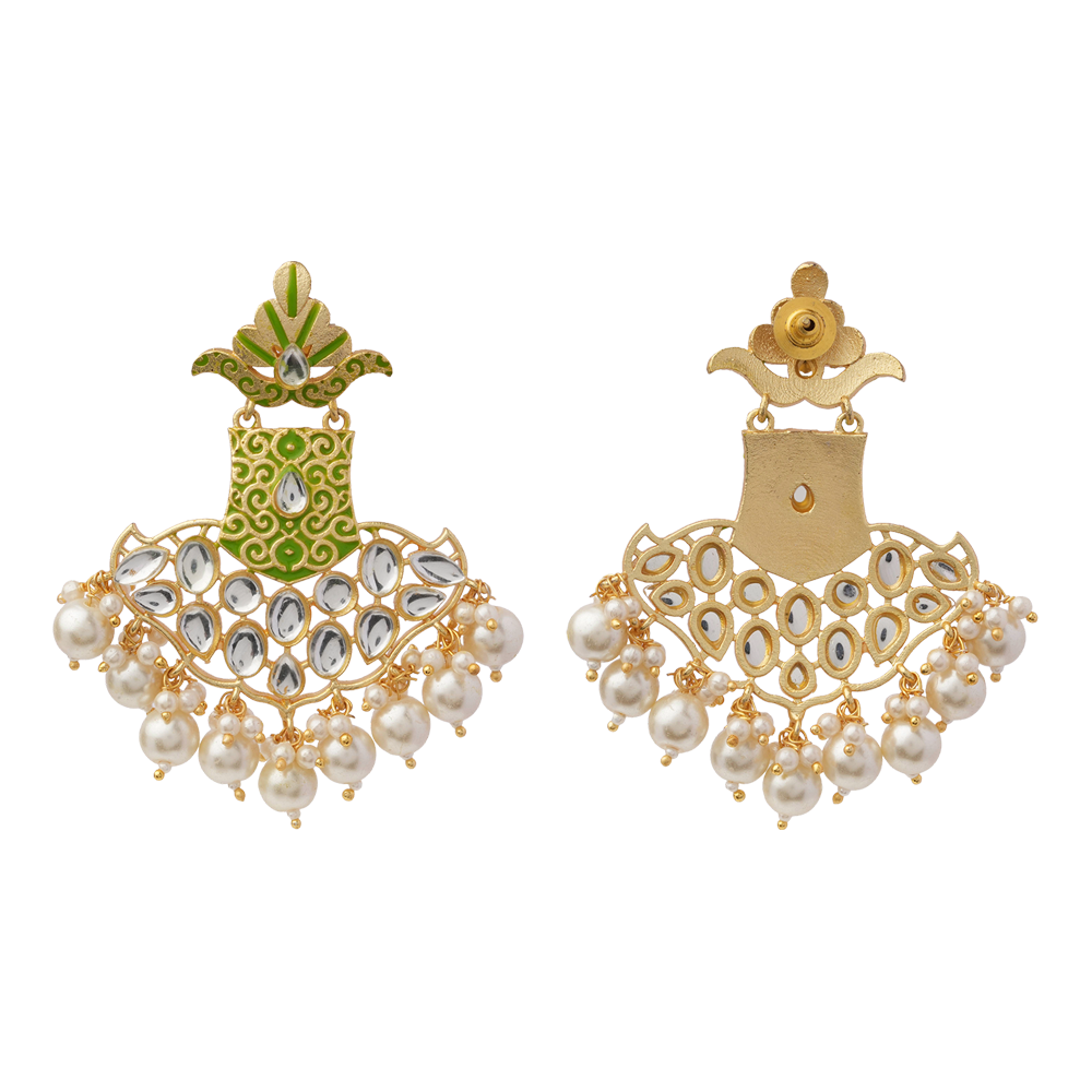 Tara – Stone-Studded Hanging Pearl Dangler Earrings (Green)