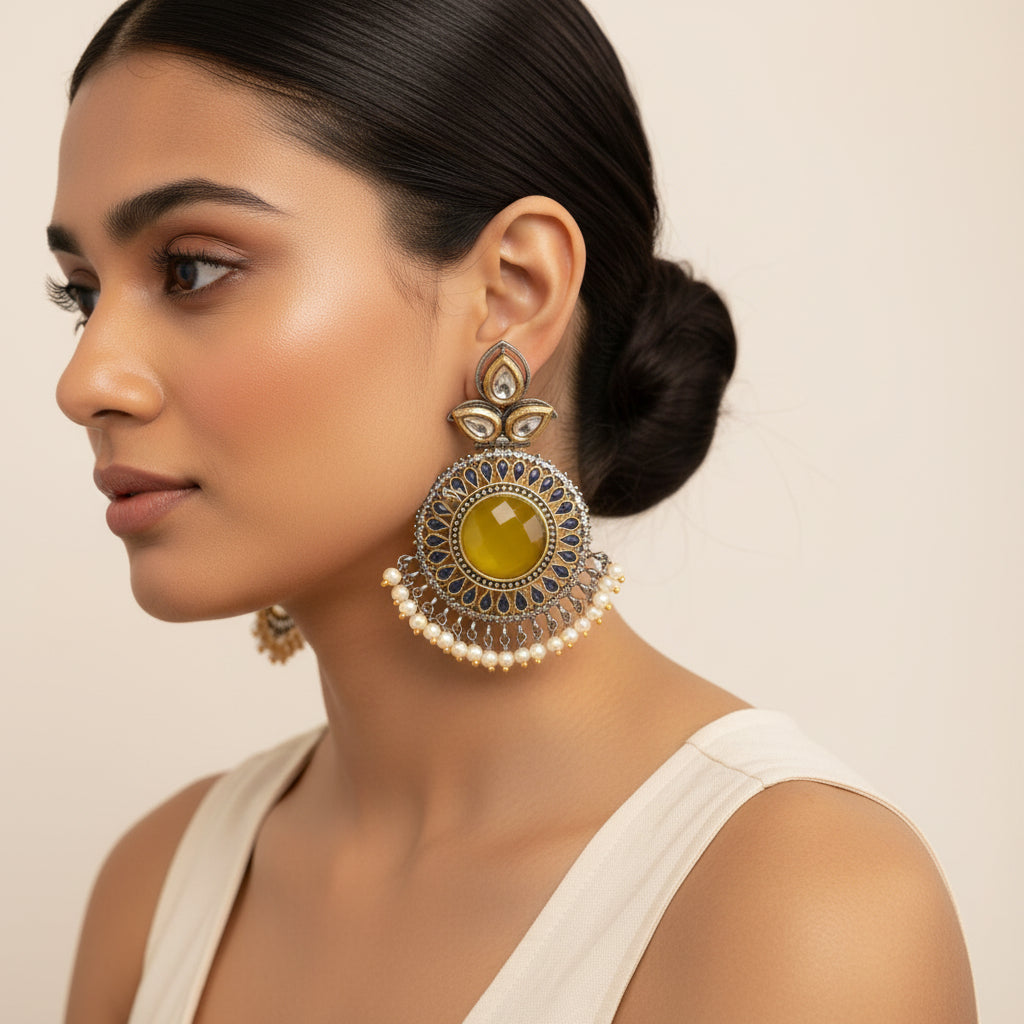 Nyra- Stone Studded Hanging Pearl Dangler Earrings(Yellow)