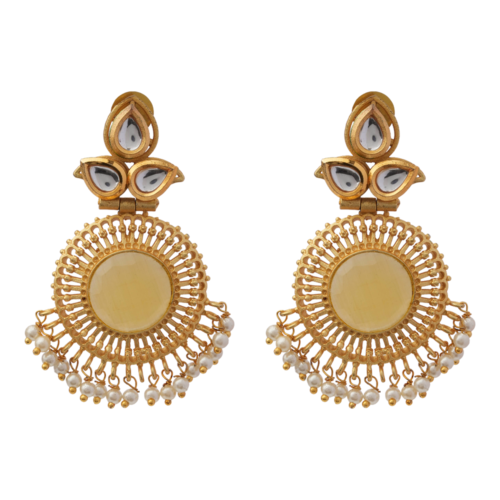 Nyra- Stone Studded Hanging Pearl Dangler Earrings(Yellow)
