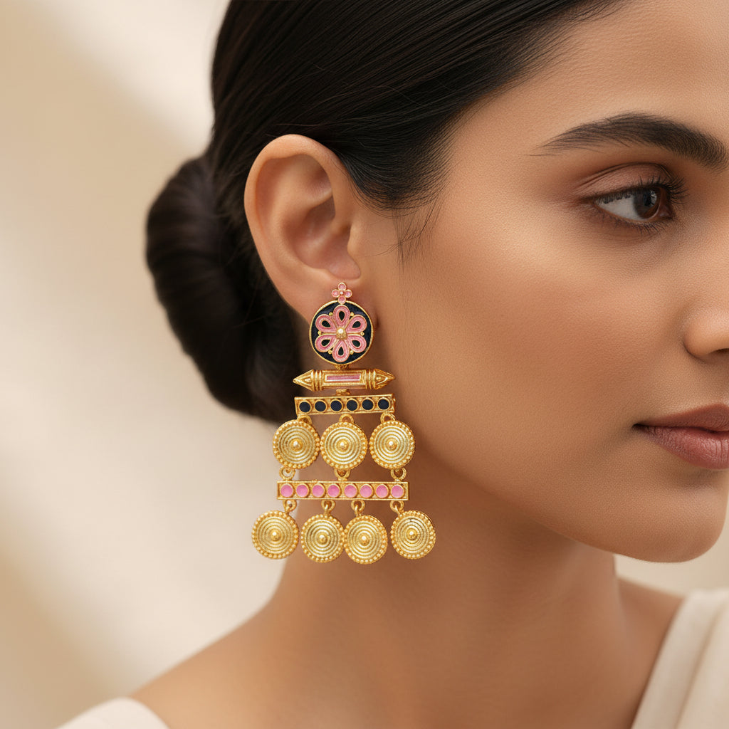 Aira- Stone Studded Dangler Earrings(Baby Pink)