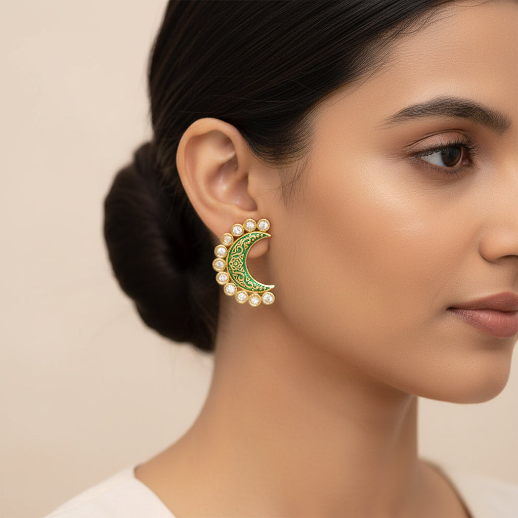 Kira- Kundan Studded Stud Earrings(Green)