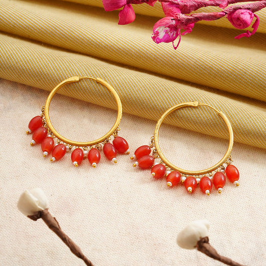 Zoya- Hanging Pearl Hoops Earrings(Red)