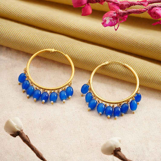Zoya- Hanging Pearl Hoops Earrings(Blue)