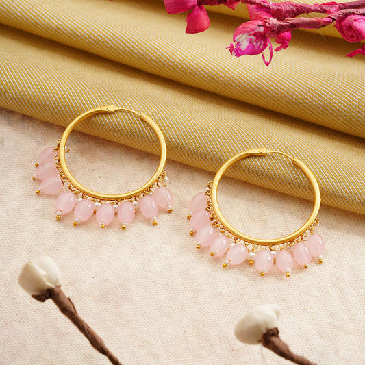 Zoya- Hanging Pearl Hoops Earrings(Light Pink)