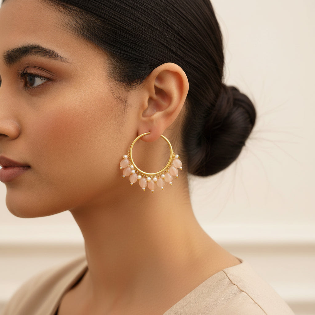 Zoya- Hanging Pearl Hoops Earrings(PeachPuff)