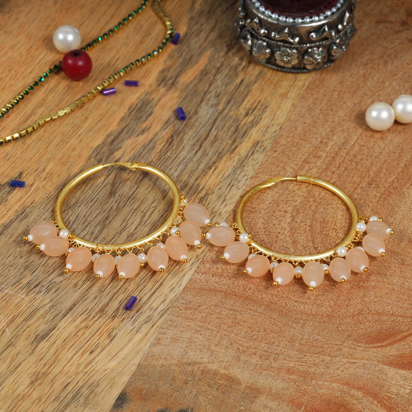 Zoya- Hanging Pearl Hoops Earrings(PeachPuff)