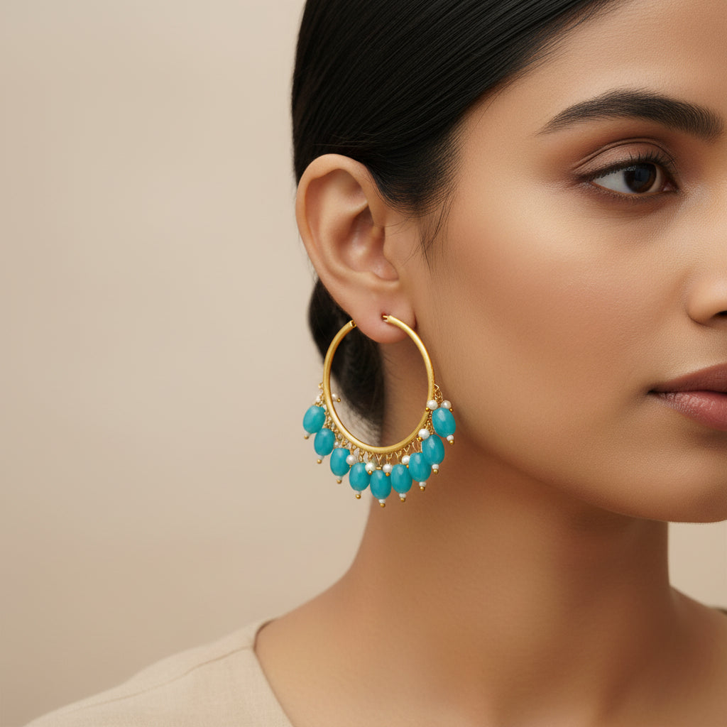 Zoya- Hanging Pearl Hoops Earrings(Aqua)