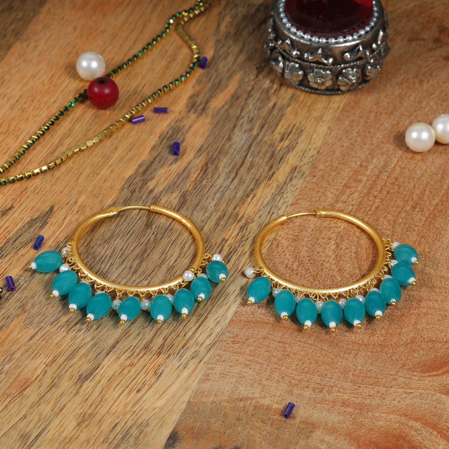 Zoya- Hanging Pearl Hoops Earrings(Aqua)