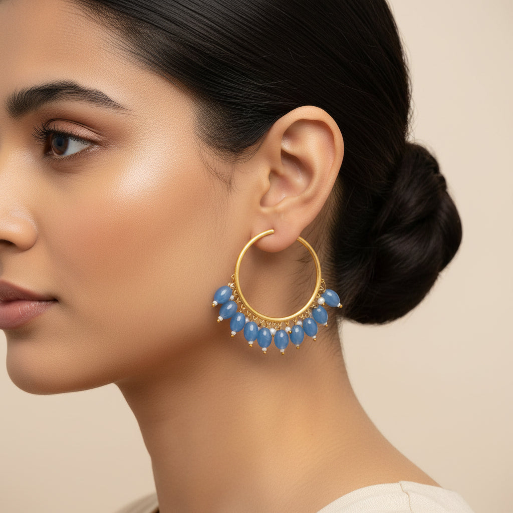 Zoya- Hanging Pearl Hoops Earrings(Navy Blue)