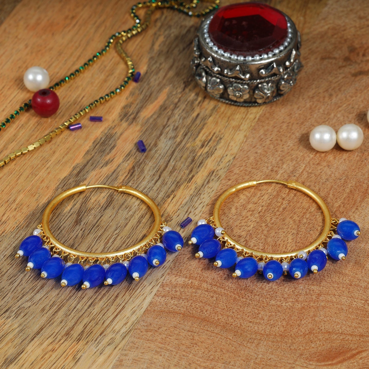 Zoya- Hanging Pearl Hoops Earrings(Navy Blue)