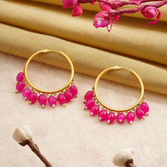 Zoya- Hanging Pearl Hoops Earrings(Dark Pink)