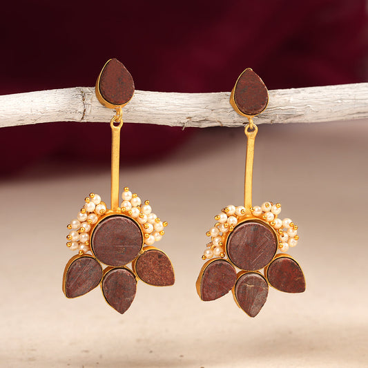 Ziyana- Stone Studded Baby Pearl Dangler Earrings(Red)