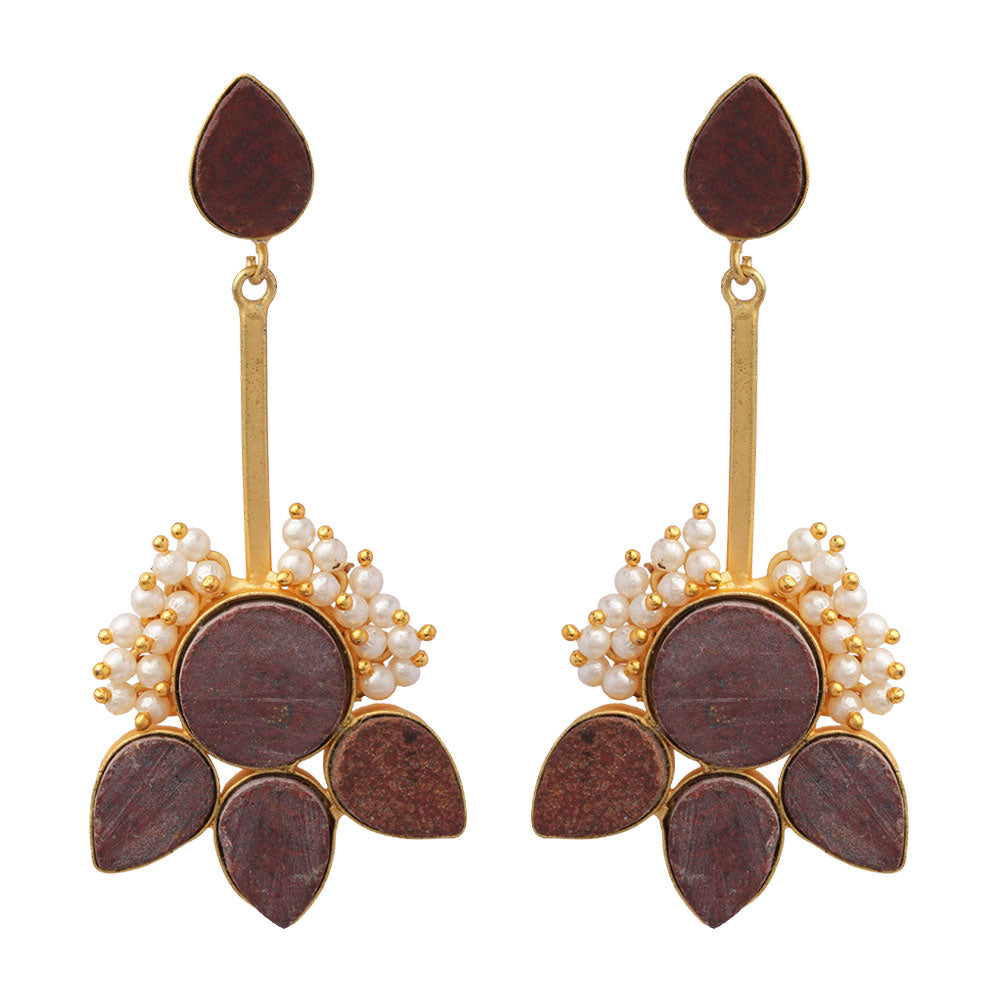 Ziyana- Stone Studded Baby Pearl Dangler Earrings(Red)