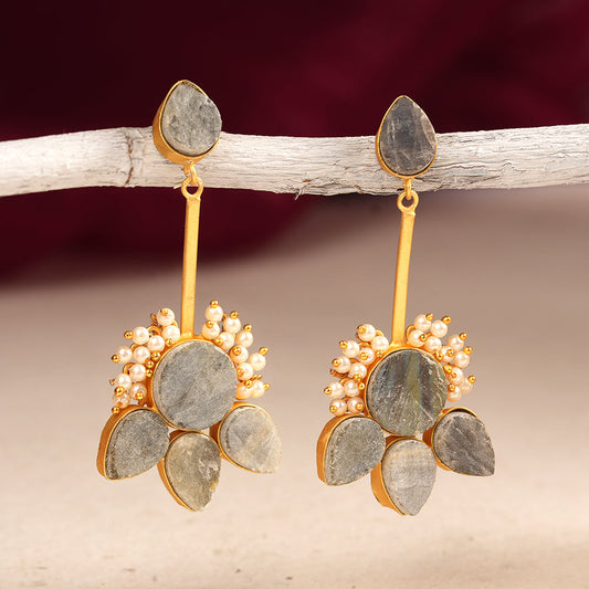 Ziyana- Stone Studded Baby Pearl Dangler Earrings(Gray)