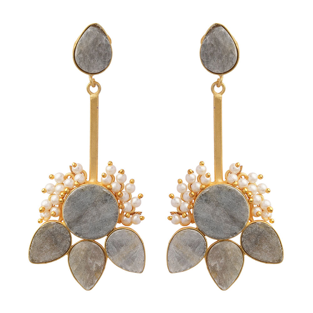 Ziyana- Stone Studded Baby Pearl Dangler Earrings(Gray)