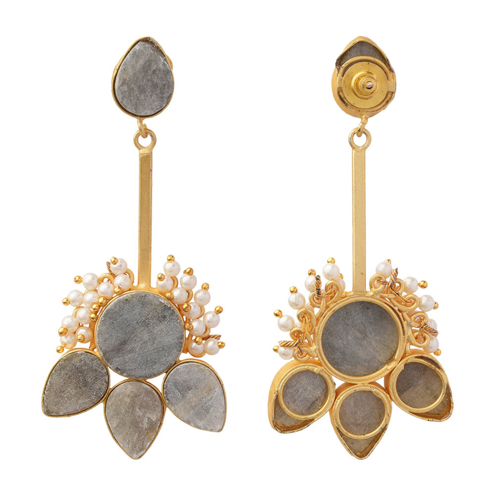 Ziyana- Stone Studded Baby Pearl Dangler Earrings(Gray)