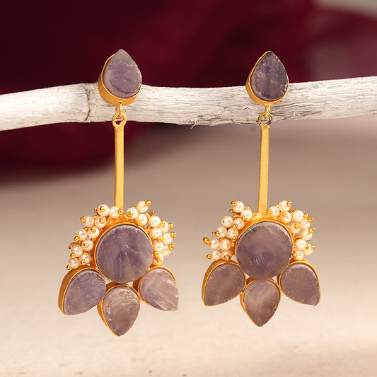 Ziyana- Stone Studded Baby Pearl Dangler Earrings(Purple)