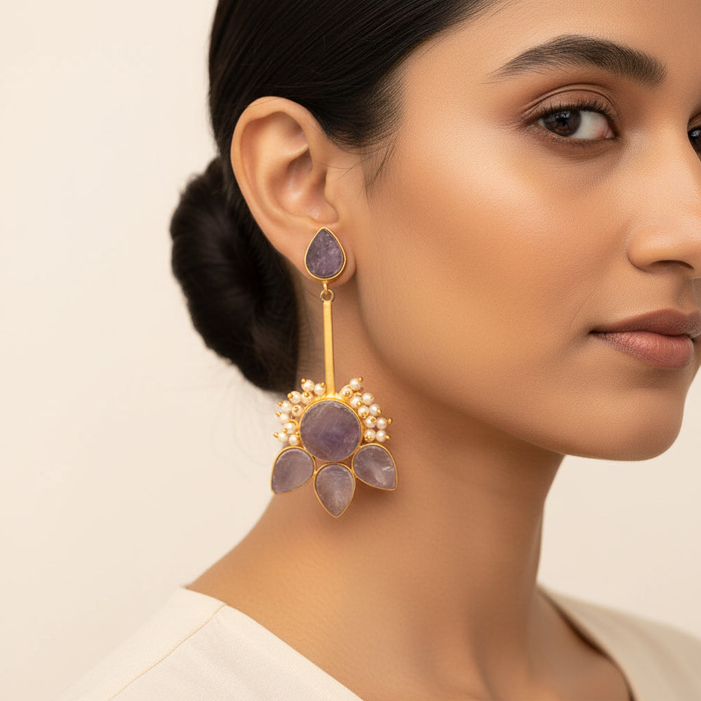 Ziyana- Stone Studded Baby Pearl Dangler Earrings(Purple)